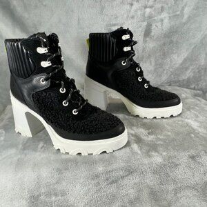 Sorel Womens boots 8.5 Brex Black leather Faux shearling block heel lace-up boot